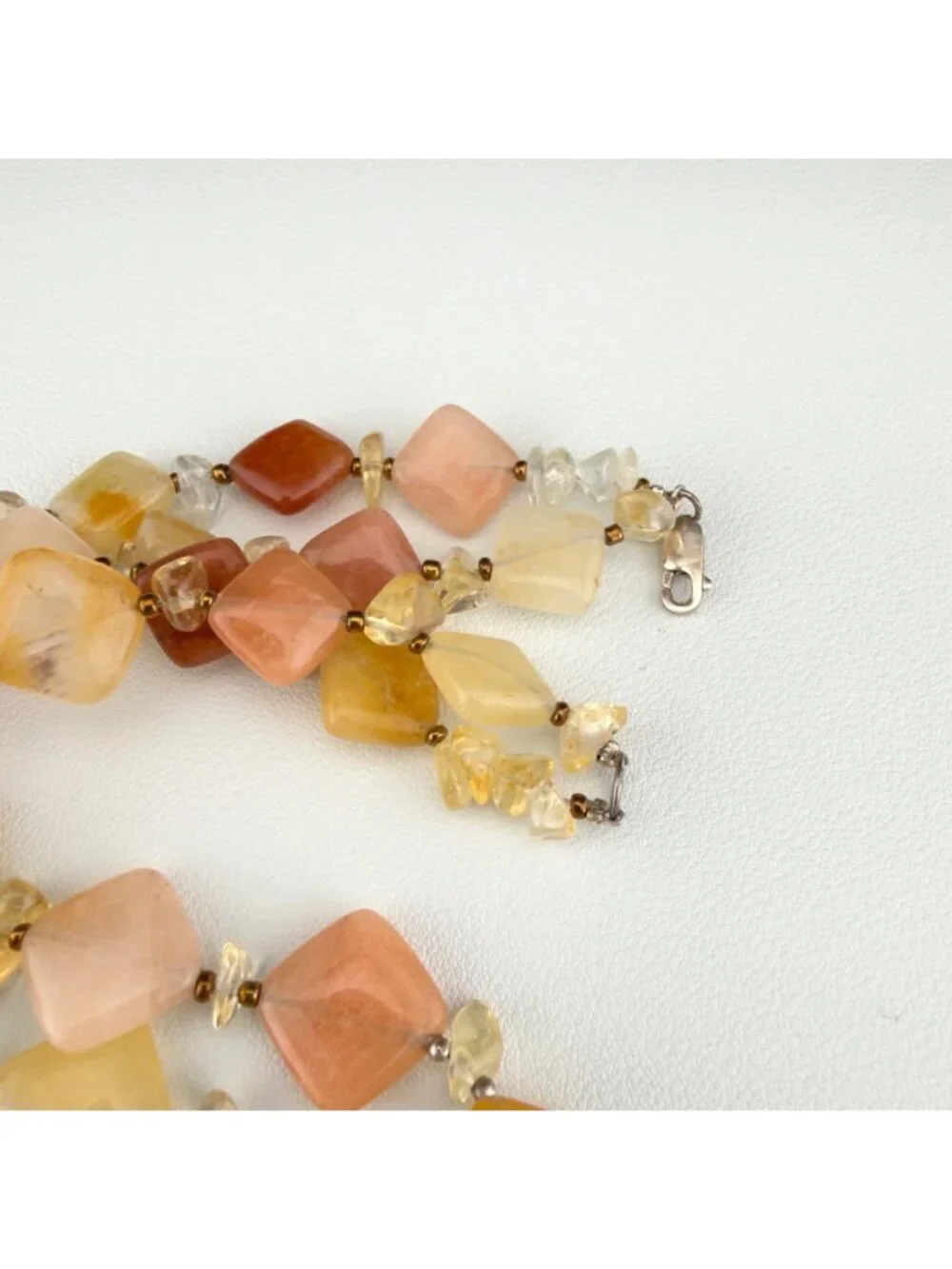 Natural Stone Beaded Necklace Double Strand Yellow Peach Sterling Silver Clasp